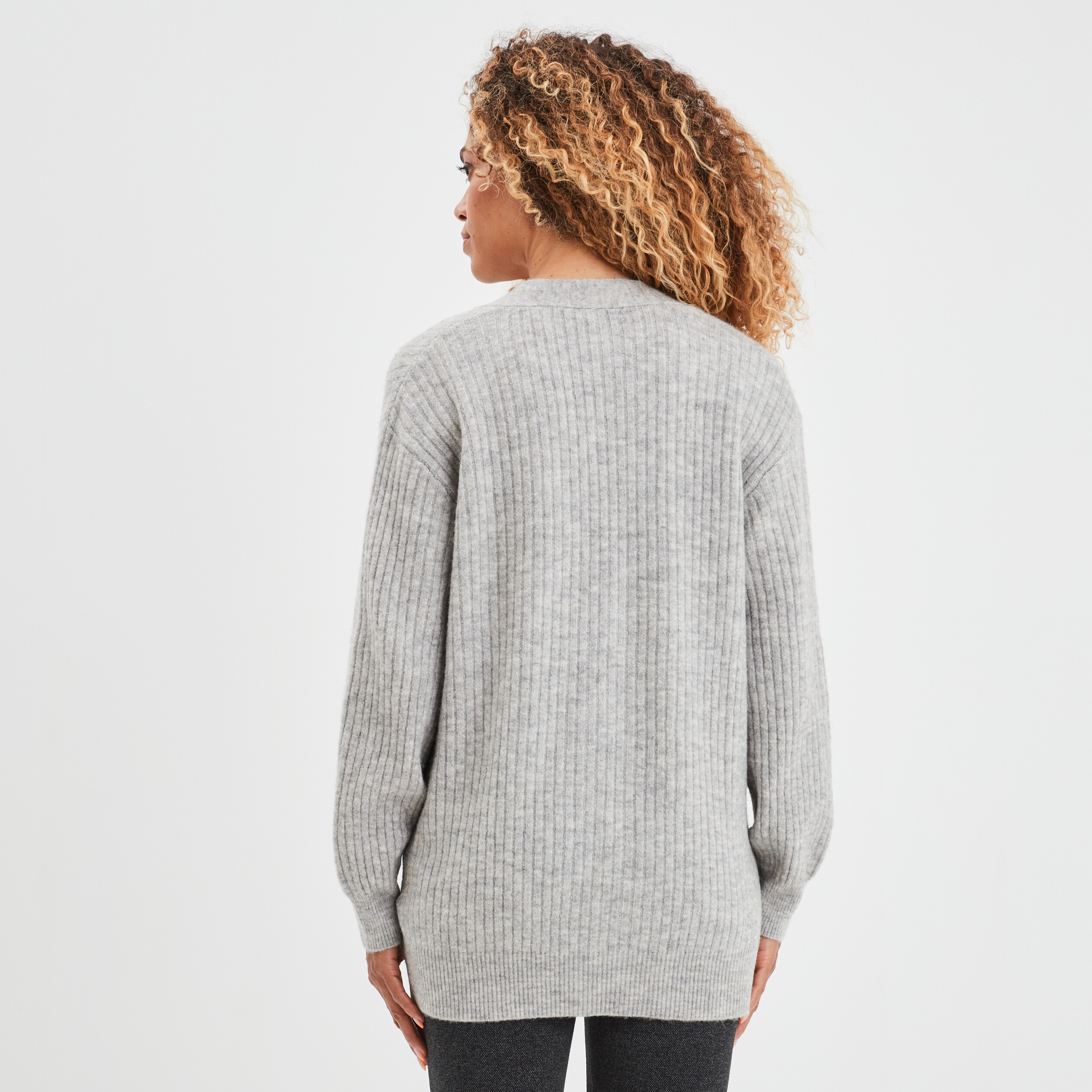 Gilet mi-long côtelé manches longues gris clair femme | La Halle