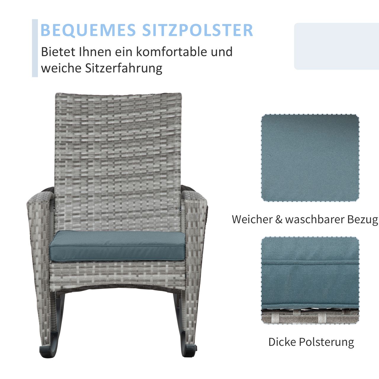 Outsunny Schaukelstuhl Schwingsessel Gartenstuhl mit Kissen, Polyrattan Metall, Grau, 66 x 88 x 98 cm