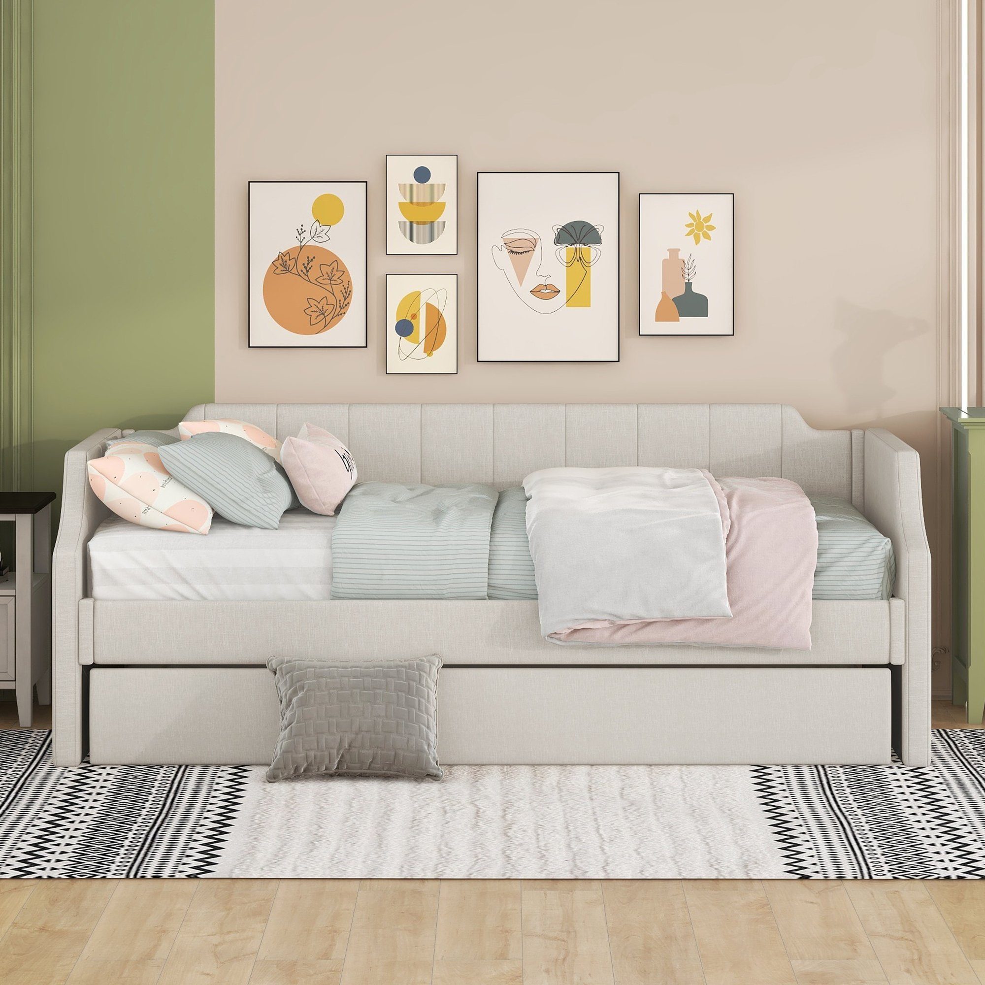 WISHDOR Einzelbett Schlafsofa, Gästebett, Funktionsbetten, ausziehhare Liegeffäche (Gepolstertes Single Daybed mit Rollbett, 90 x 200(190) cm), Ohne Matratze