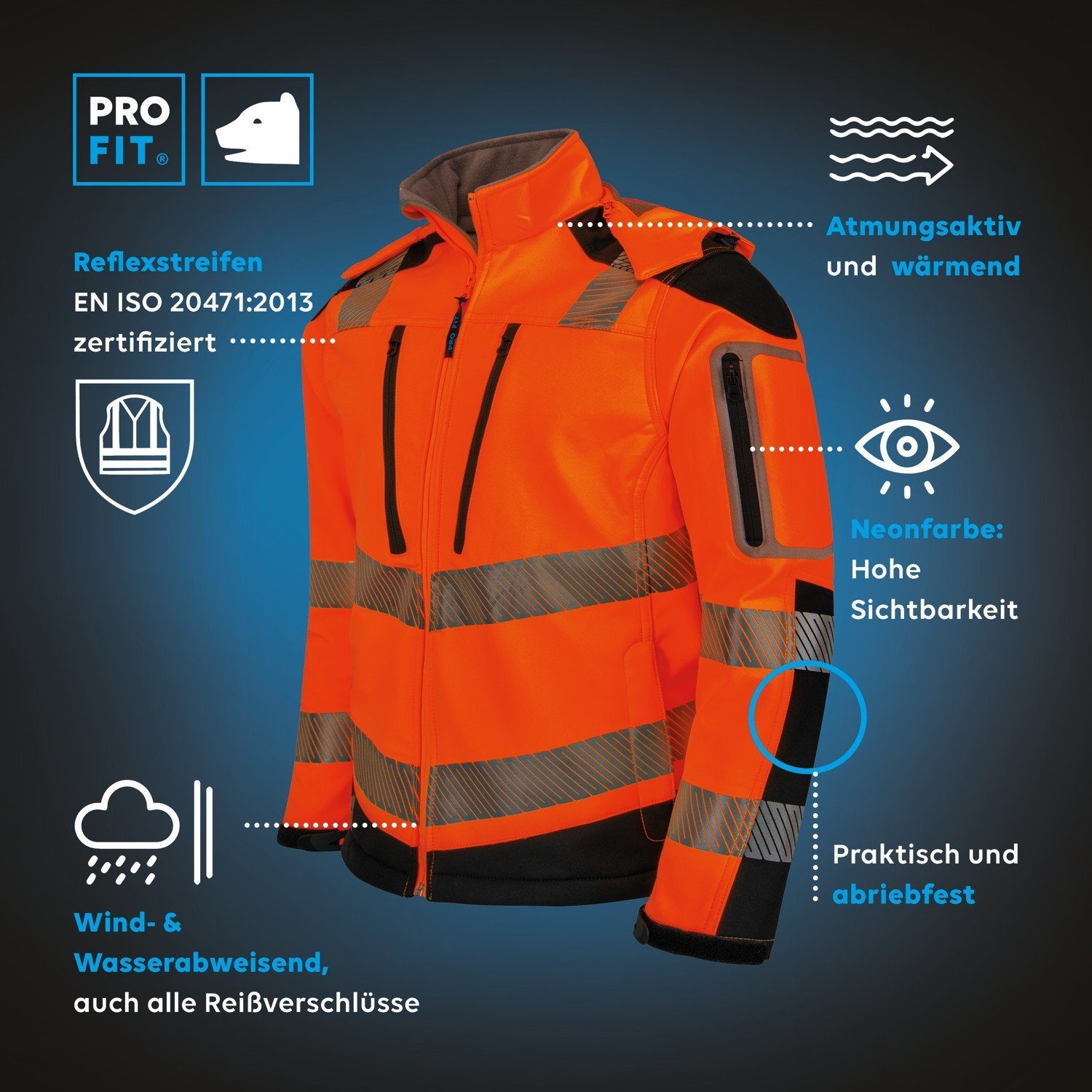 PRO FIT by Fitzner Arbeitsjacke Warnschutz Softshelljacke, Neonorange/Schwarz (1-St) Reflektierende Streifen, Winddicht, Wasserdicht, Atmungsaktiv