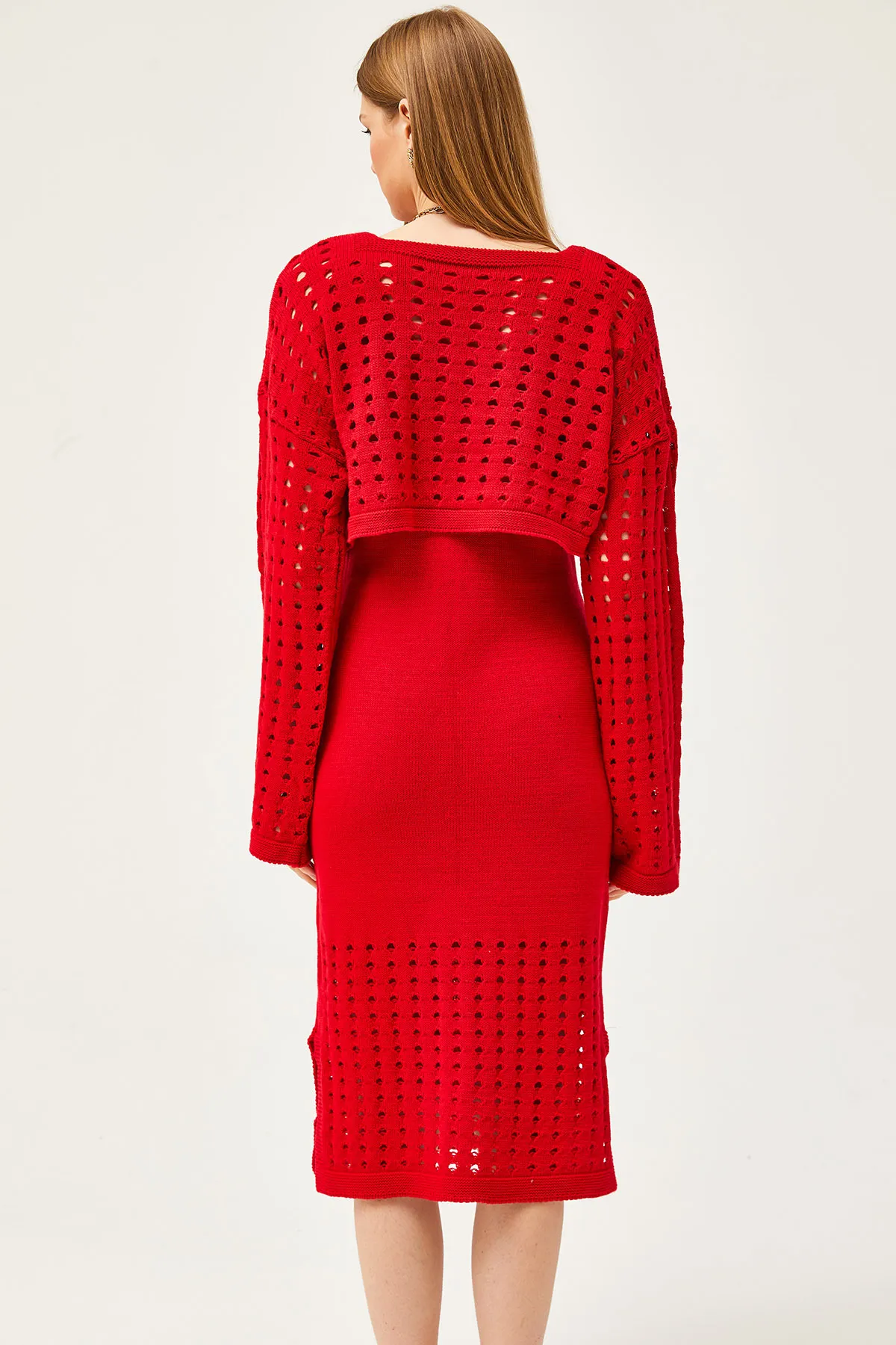 Olalook  Damen-Strickwaren-Set mit rotem Oberteil und durchbrochenem Pullover und unterem durchbrochenem Kleid TKM-19000246