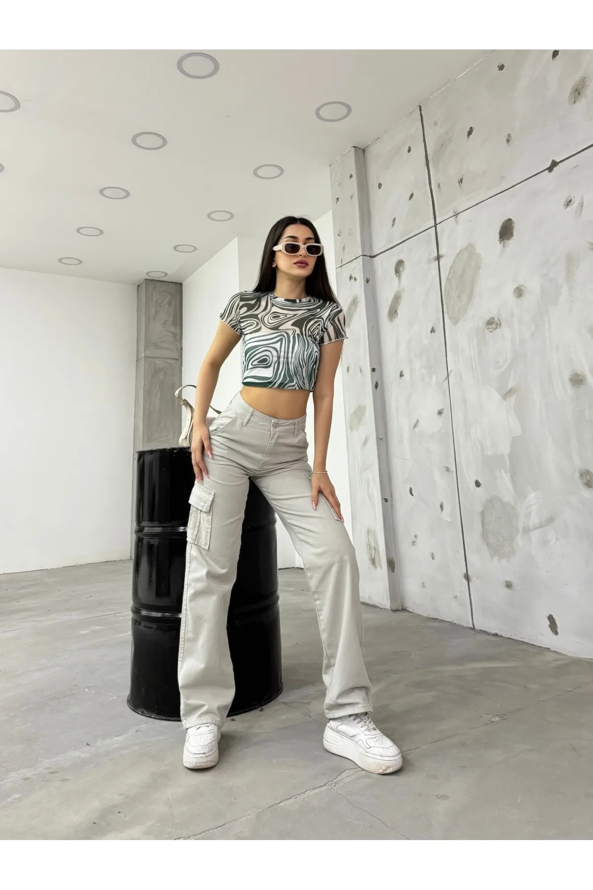 BİKELİFE  Steinige Cargohose für Damen mit hoher Taille und weitem Bein