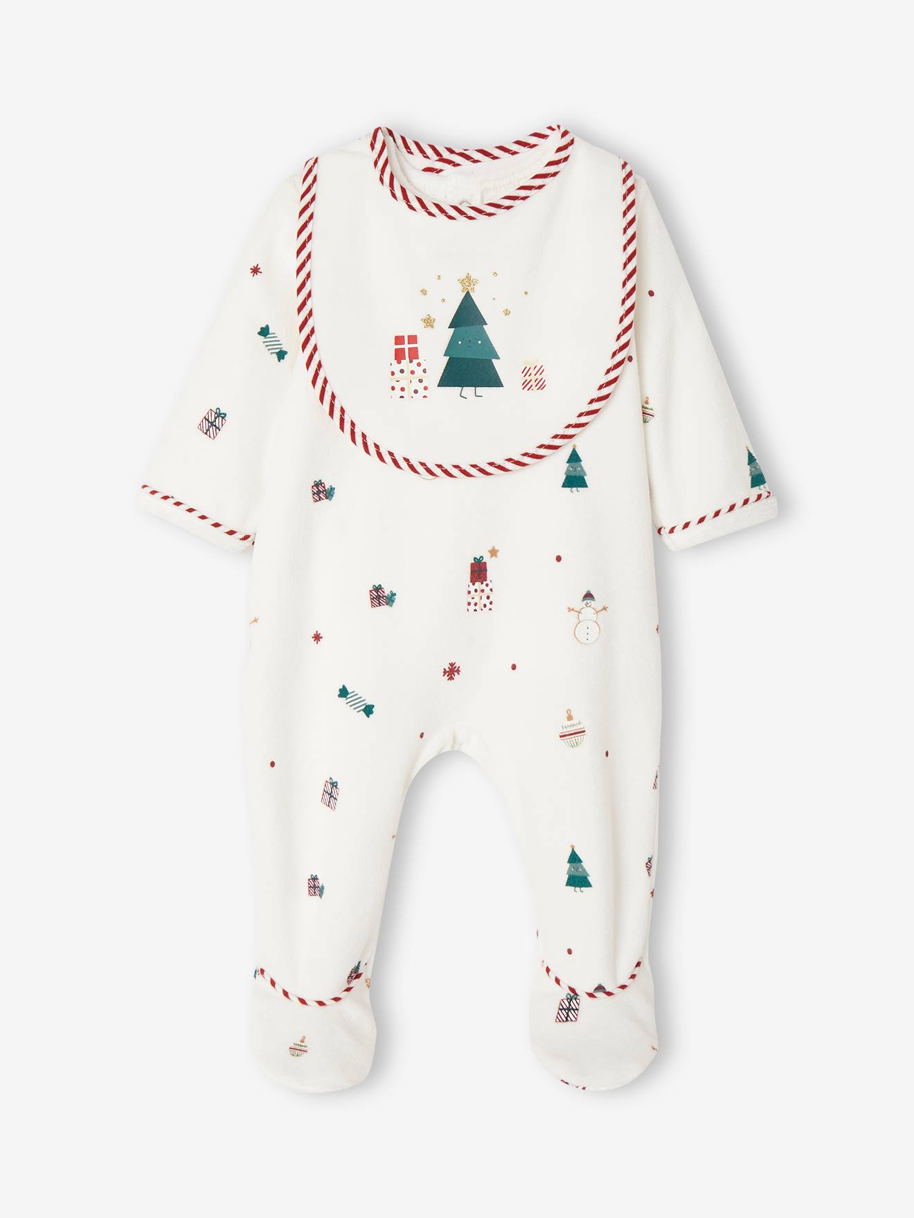 Vertbaudet Weihnachtliches Baby Geschenk-Set: Samt-Strampler & Lätzchen Oeko-Tex - wollweiß