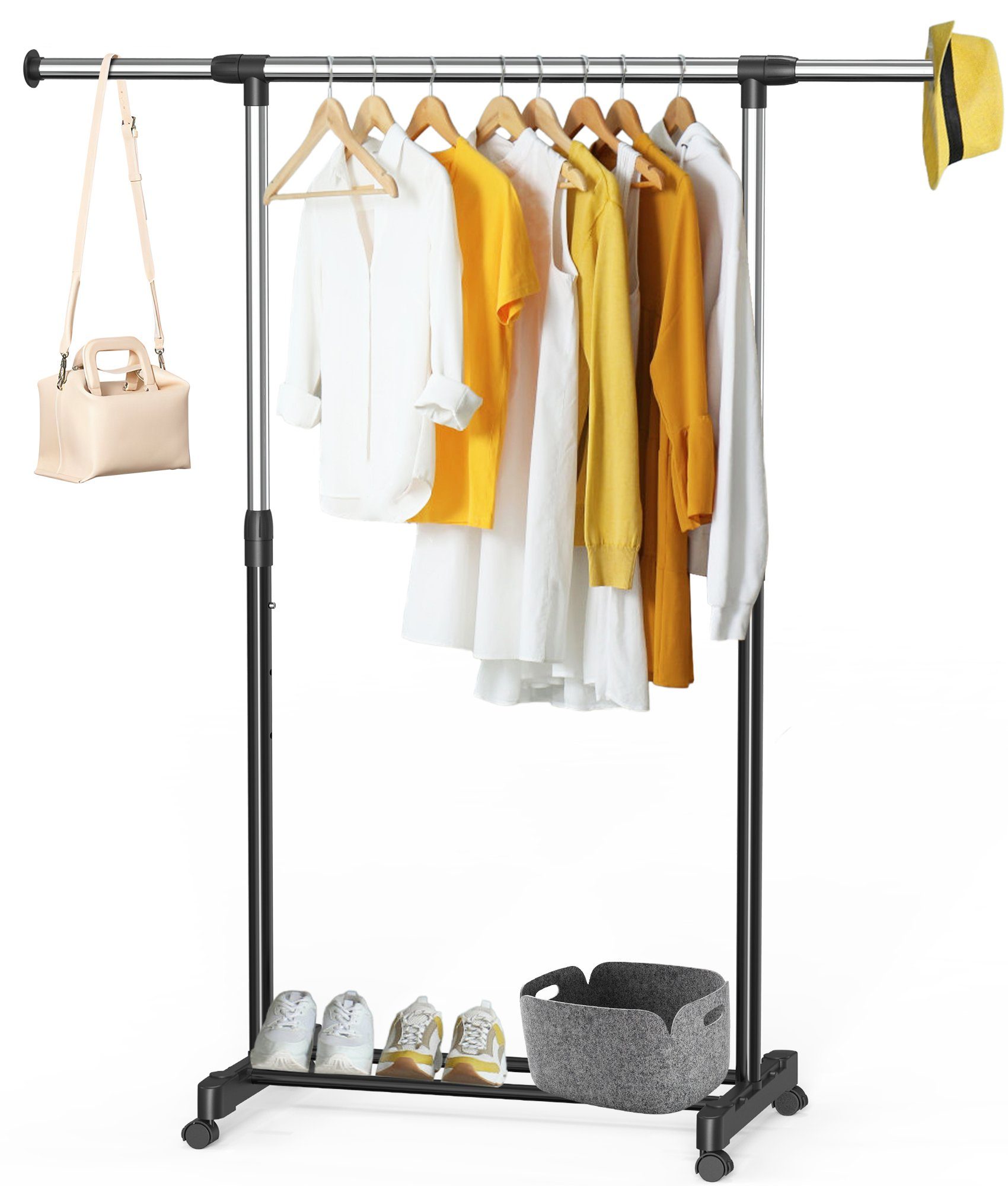 NEFOSO Garderobenständer Bodenstehender Kleiderständer, ausziehbar (90-149cm)& Höhenverstellbar, (1 St), Kleiderstange mit Rädern Schlafzimmer, 30kg belastbar, Metall, schwarz