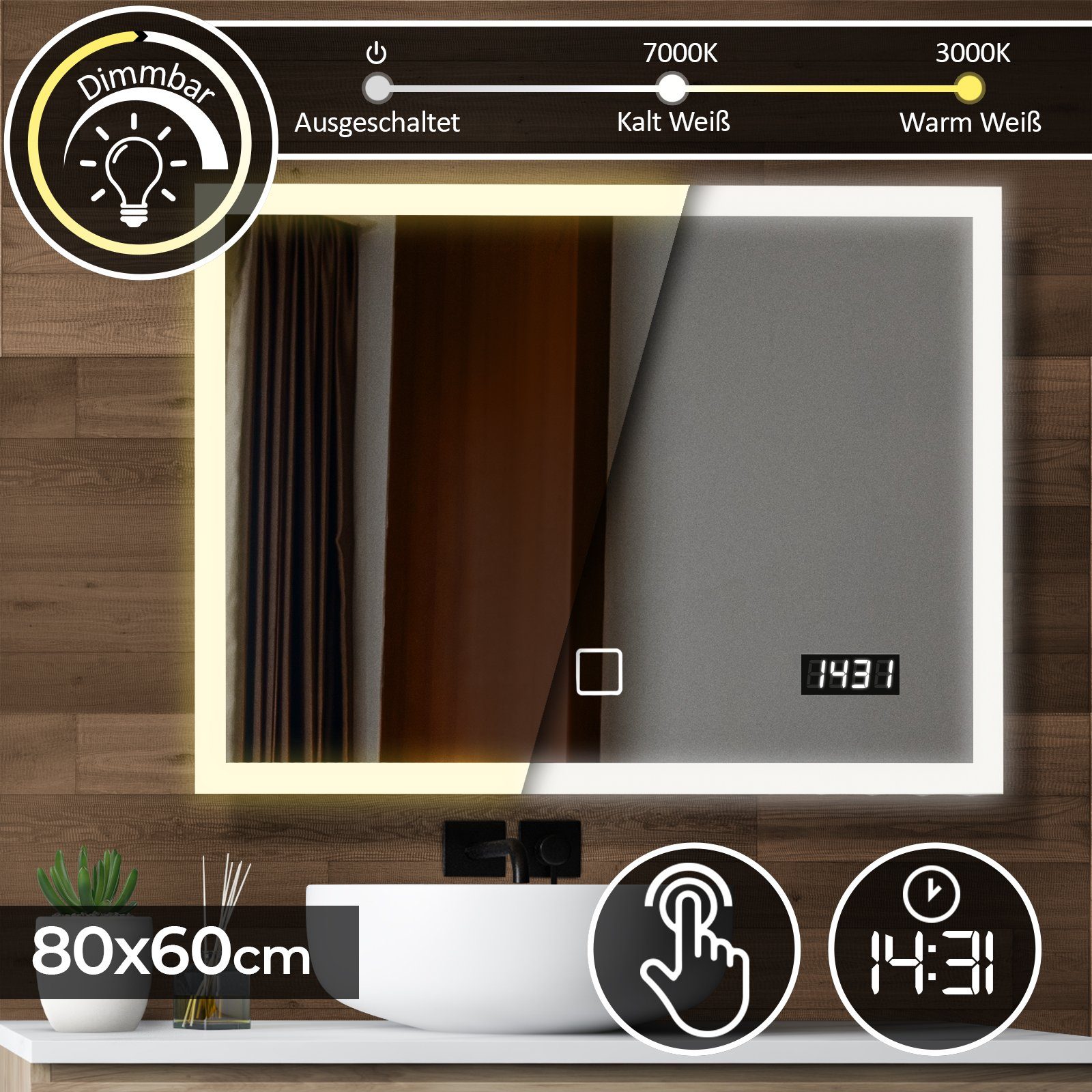 Aquamarin Badezimmerspiegelschrank Badspiegel mit LED - Touchschalter, Digitaluhr - Badezimmerspiegel
