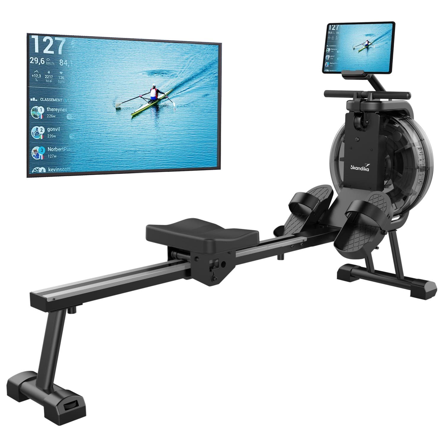 Skandika Rudergerät Mora Wasserrudergerät, mit Wasserwiderstand, Kinomap App, Bluetooth, Computer, aufstellbar
