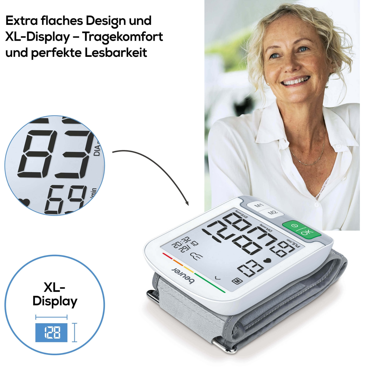 Beurer Handgelenk-Blutdruckmessgerät BC 51-Handgelenk-Blutdruckmessgerät mit Positionierungsanzeige & flachem XL-Display