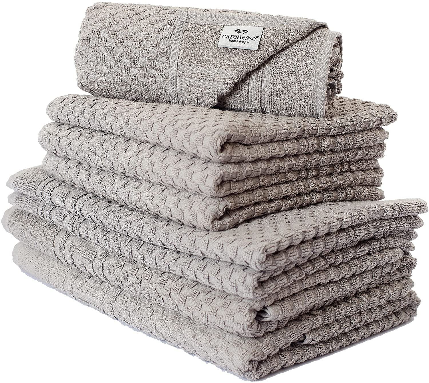 Carenesse Handtuch Set 4x Handtuch, 2x Duschtuch, 2x Badvorleger grau, 8-tlg. Set, Baumwolle, Waffelmuster & Bordüre I Frottee Handtücher fusselfrei & saugstark