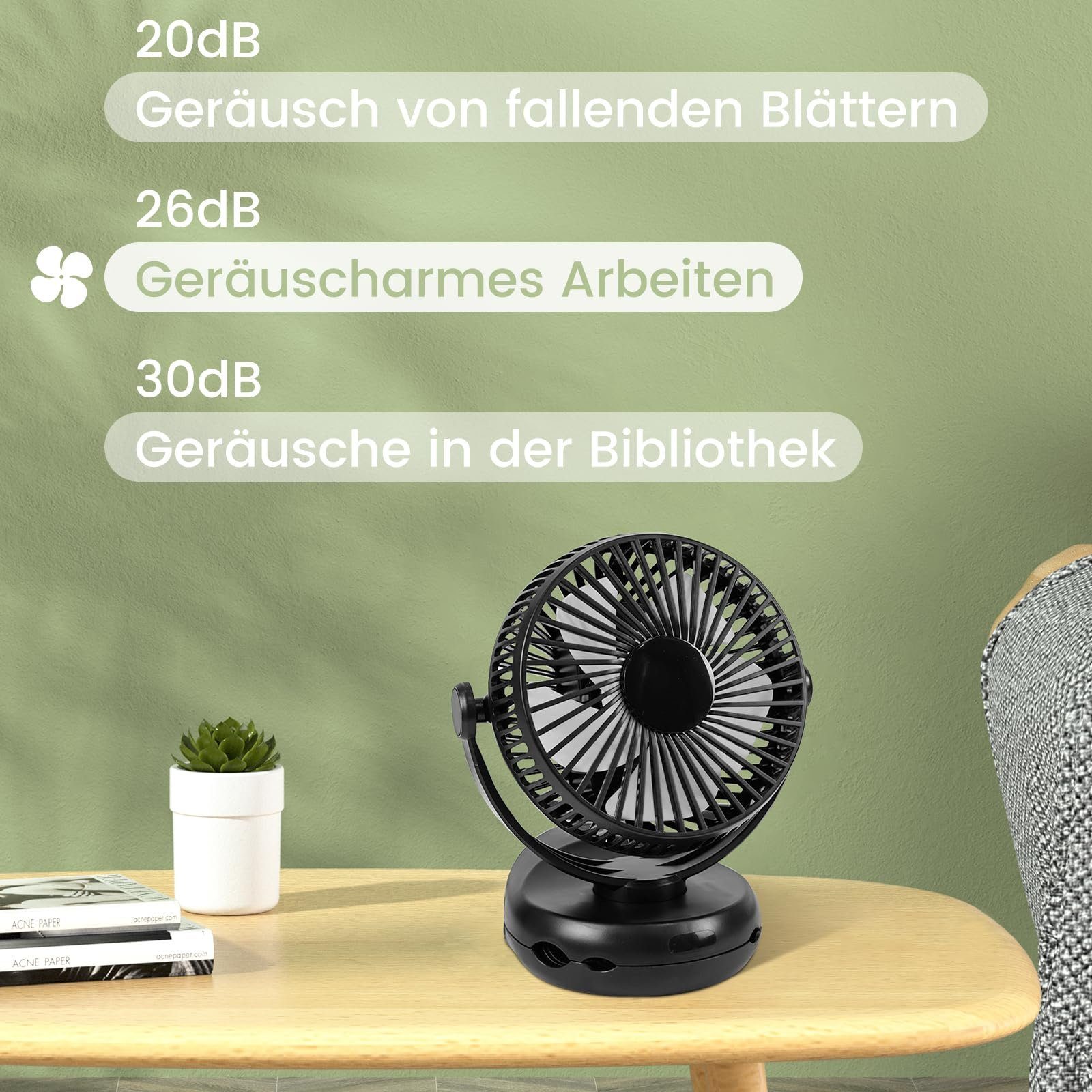 ZMH Mini USB-Ventilator 4 Geschwindigkeiten 10000mAh Akku 360° Drehung Schwarz, Mit integrierten Klammer und dem klappbaren Haken