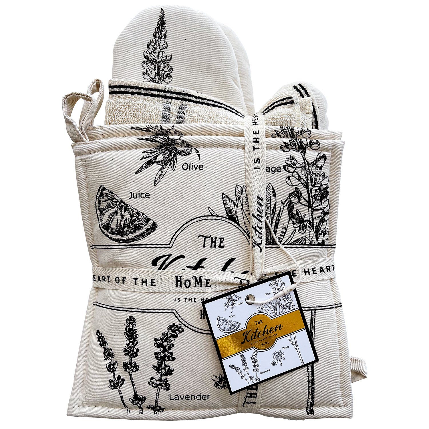 SCOKIT Topflappen 6 Stücke Küchen-Set, (Set, 6-tlg., Inklusive 2x Baumwollköper-Bügelhandschuhe 2x Tischsets 2x Servietten), Rustikales Muster Geeignet zum Verschenken