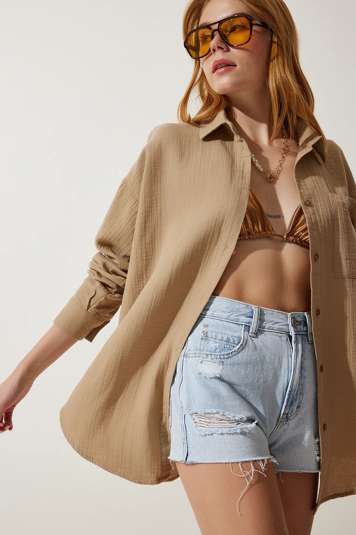 Happiness İstanbul  Hemd - Beige - Oversized