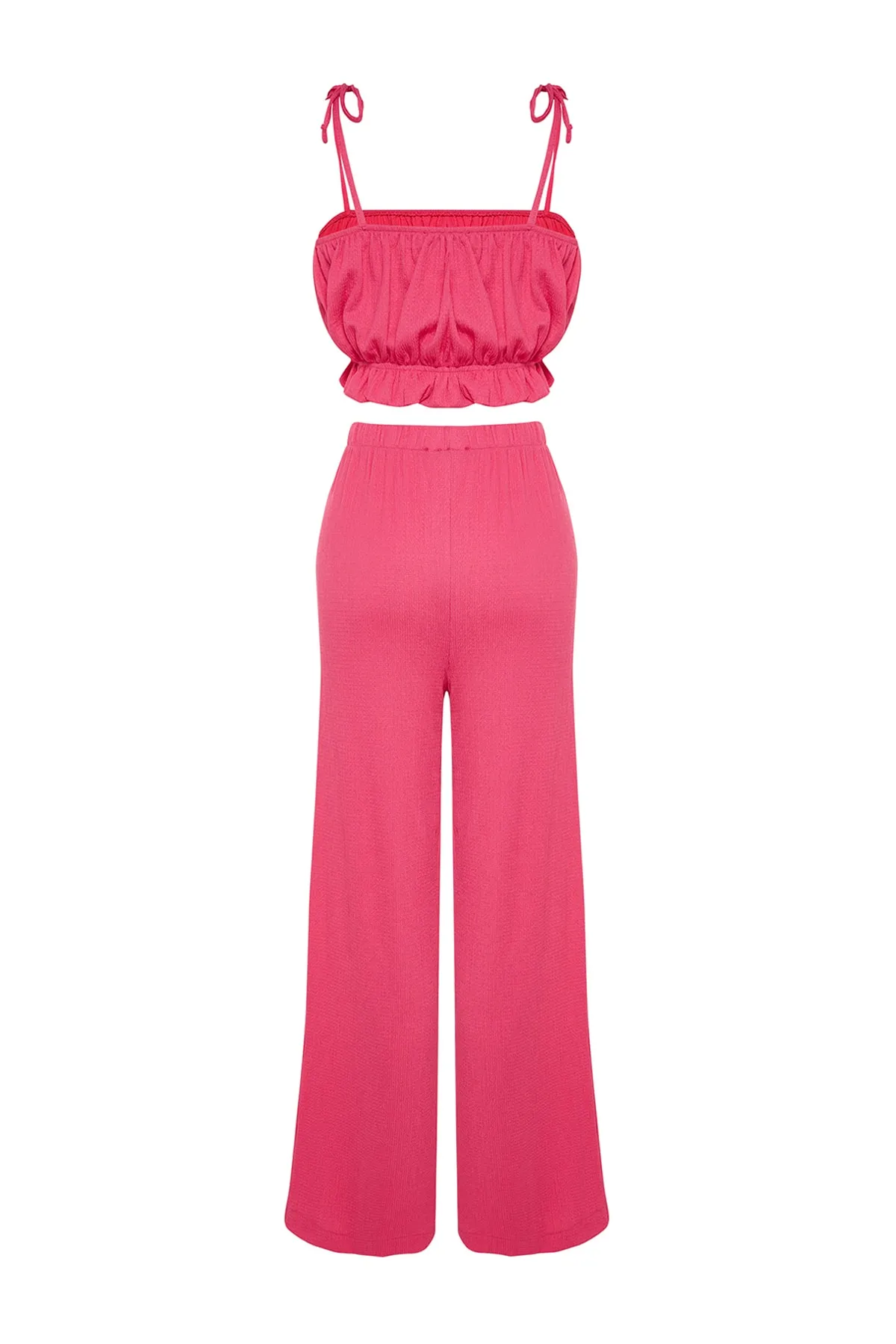 Trendyol Collection  Rosa gewebtes Rüschenblusen-Hosen-Set TBESS23AU00113