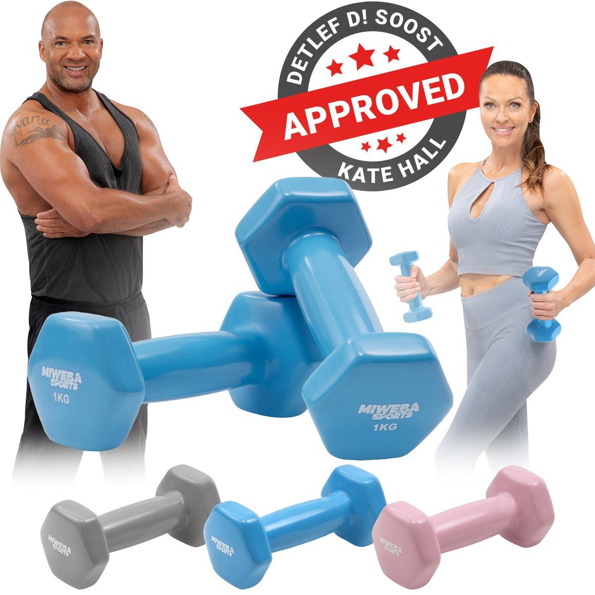Miweba Sports Hantel-Set Gymnastikhanteln NKH110 - Vinyl, (rutschfest - bodenschonend - Fitness - Sport - Muskelaufbau - Pilates - Workout - Training - Krafttraining, 1 kg - 2 kg - 3 kg, 3 Farben, Hexagon-Form, Vinyl, 2er-Set), Kurzhantel Aerobic Han