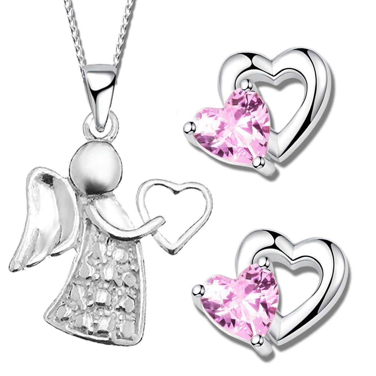 Limana Schmuckset echt 925 Sterling Silber Schutz-Engel Herz Hals-Kette mit Ohrringe, Engelkette Ohrstecker Kinder Mädchen rosa