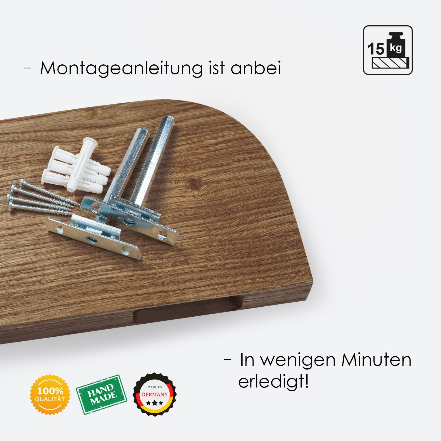 Rikmani Wandregal Holz Eiche massiv - Handgefertigtes Regal mit runden Ecken MARI II