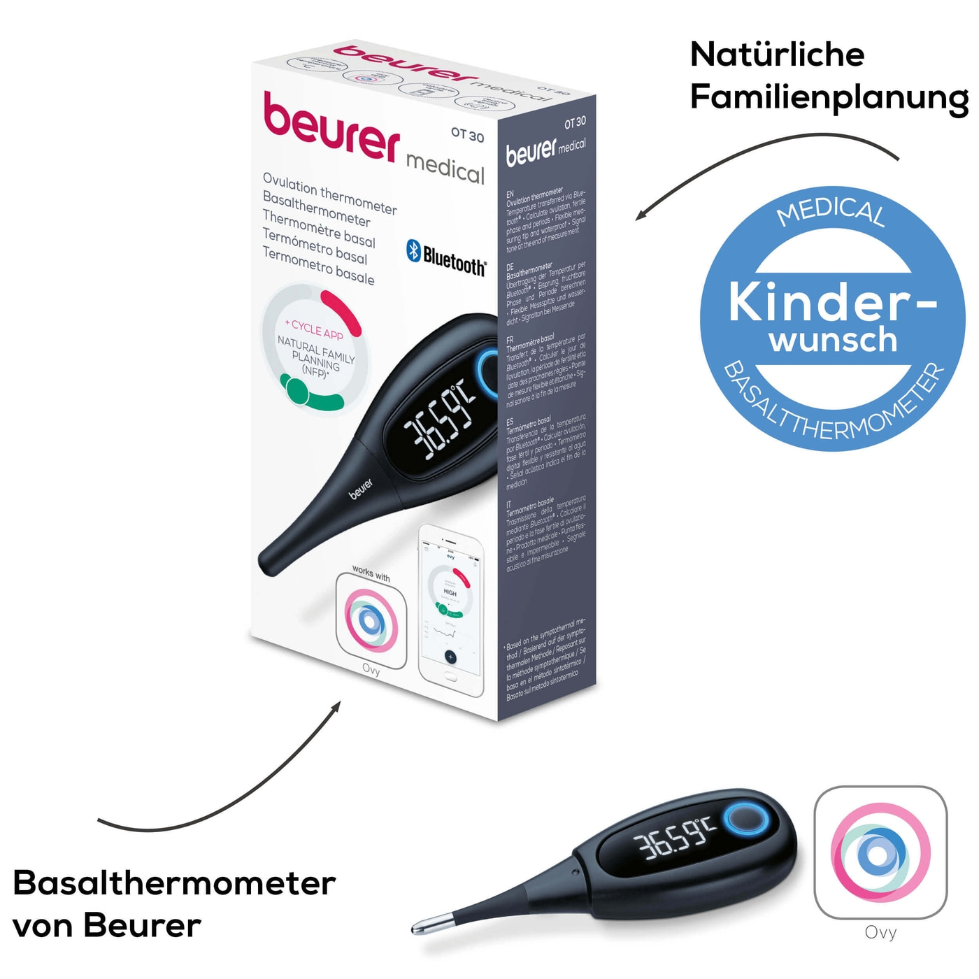 Beurer Basalthermometer OT 30-Basalthermometer für Schwangerschaft oder Zyklustracking - Bluetooth® kompatibel mit „Ovy“ App