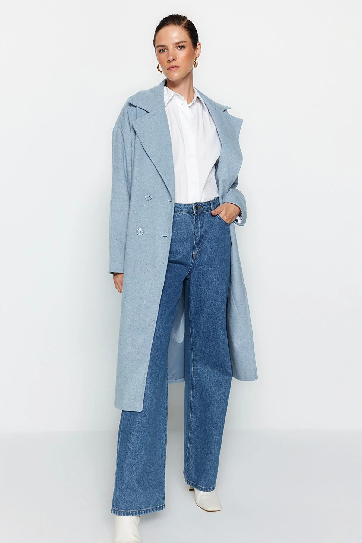 Trendyol Collection  Blauer, übergroßer, weit geschnittener, langer Wollmantel mit Stempelmuster TWOAW21KB0038