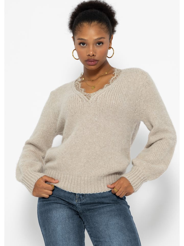 SASSYCLASSY Strickpullover mit Spitzendetail am Ausschnitt. in Beige günstig kaufen
