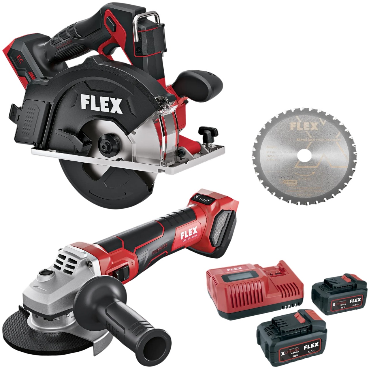 „Flex-tools“ 535934 CSM 57 18-EC C ir LBE 125 18.0-EC C akumuliatorinis metalo diskinis pjūklas + akumuliatorinis kampinis šlifuoklis, 18 V, su 5,0 Ah baterija ir įkrovikliu dėžutėje