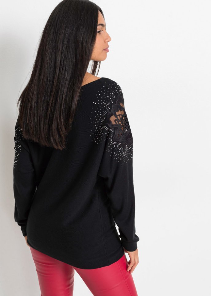 Ripp-Pullover mit Steinchen