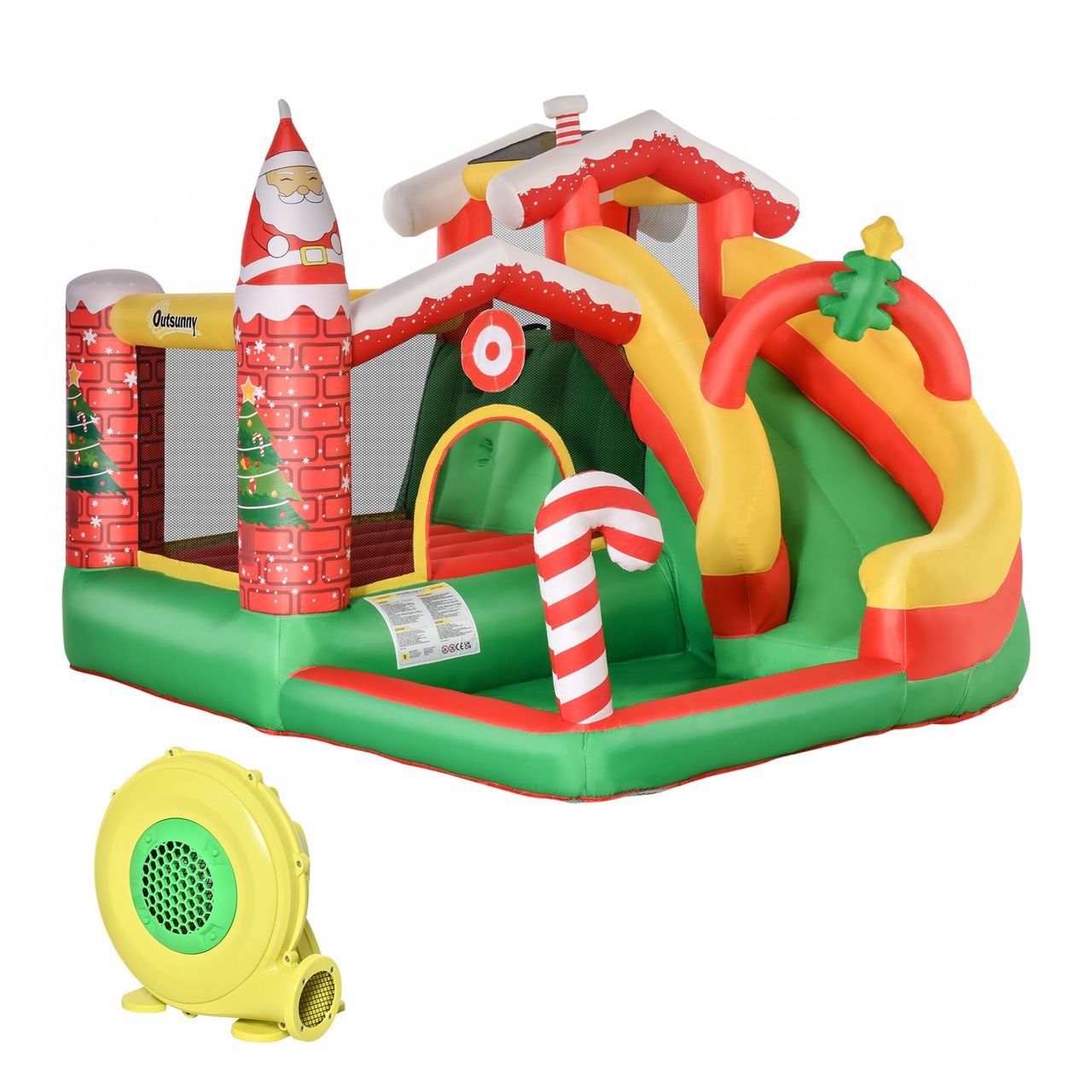 Outsunny Weihnachten Aufblasbare Hüpfburg mit Rutsche Ballgrube für 3 Kinder Springburg mit Gebläse für 3-8 Jahre Innenbereich Kindergarten Oxford-Gewebe Polyester Rot Grün Weiß 290 x 280 x 220 cm