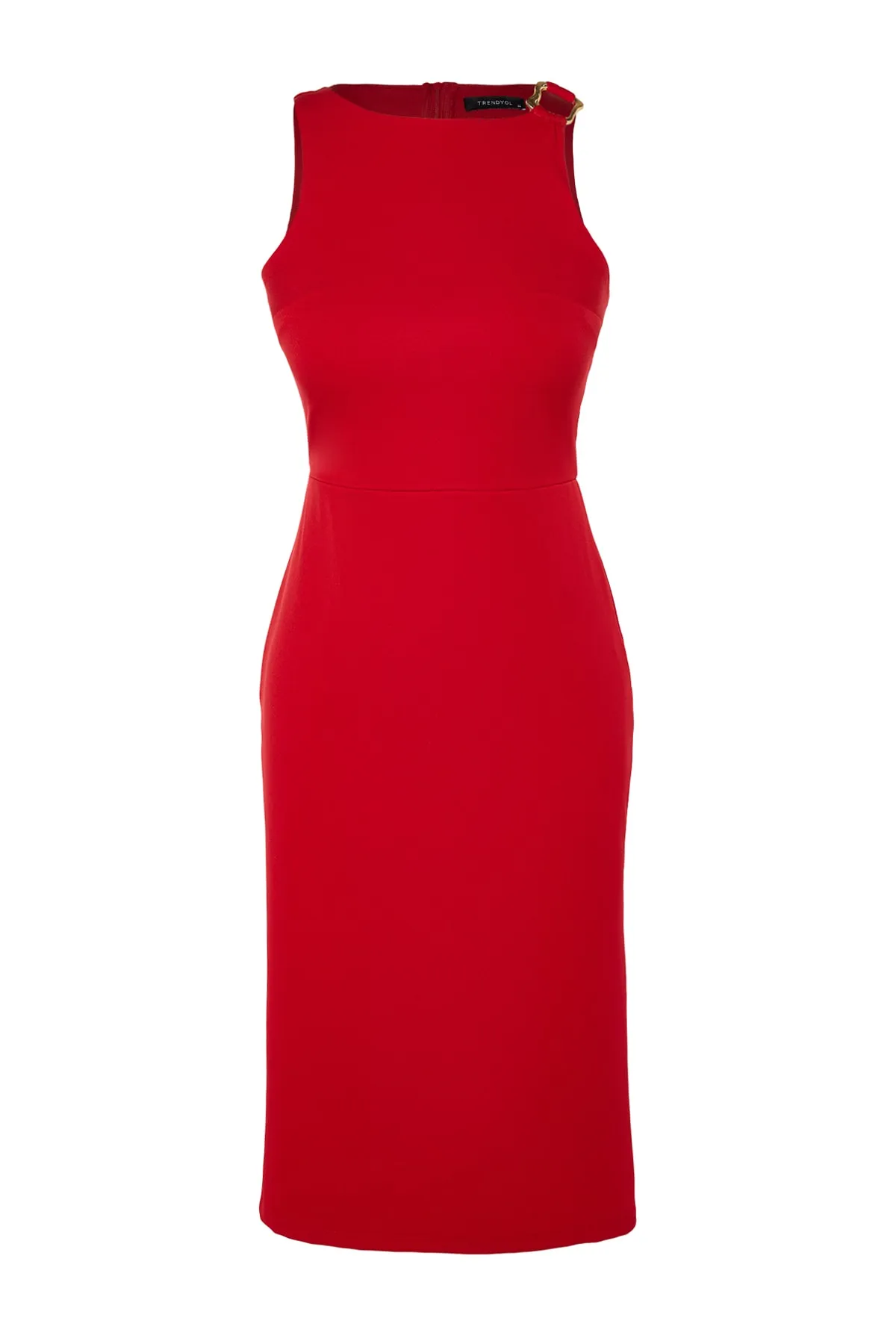 Trendyol Collection  Rotes Accessoire, detailliertes, tailliertes/tailliertes Midi-Webkleid TWOSS23EL02115