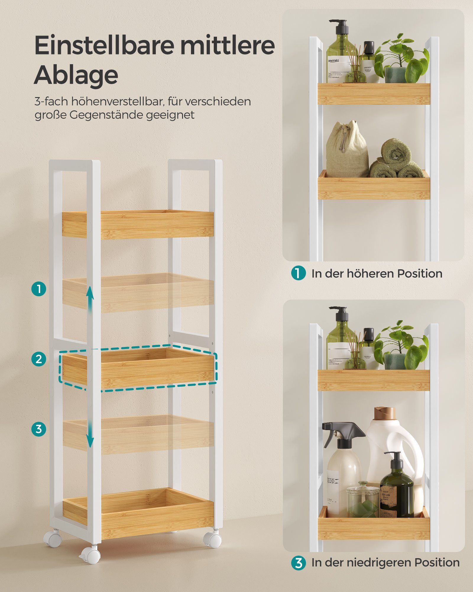SONGMICS Badregal BCB083, SONGMICS Rollwagen, Badezimmerregal mit 3 Ebenen