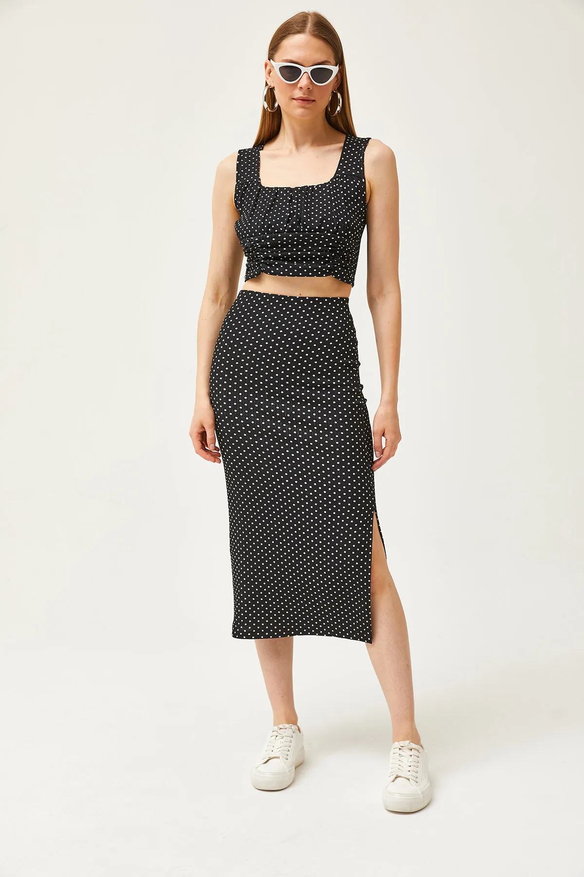 Olalook  Damen Schwarz Polka Dot Top Bluse Unterteil Rock Gestrickt Unterteil Top Set TKM-19000281