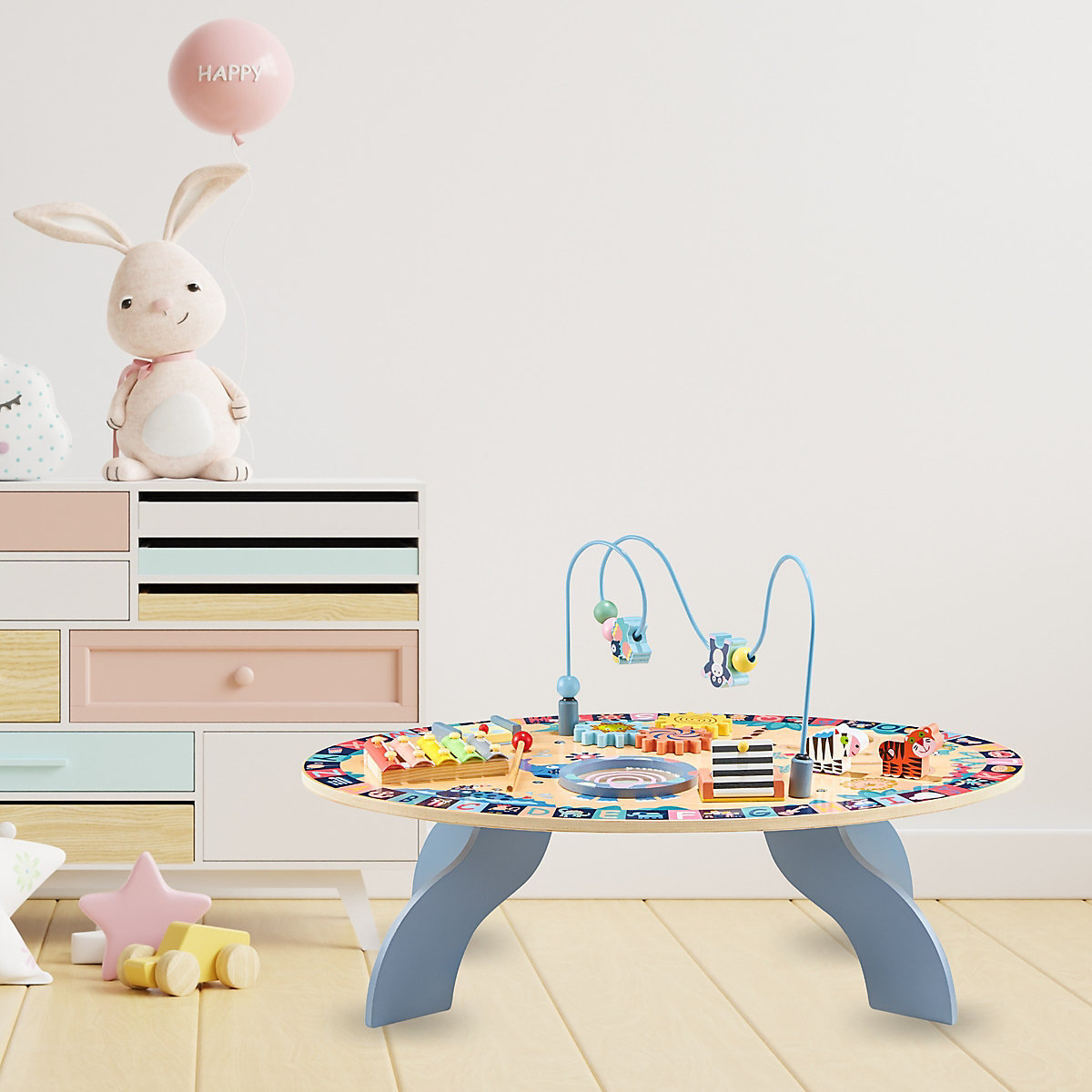 Lerntisch aus Holz für Kinder ab 6 Monaten, interaktiver Tisch: Becken, Trommel, Labyrinth, Tiere, bewegliche Zahnräder, bewegliche Tür