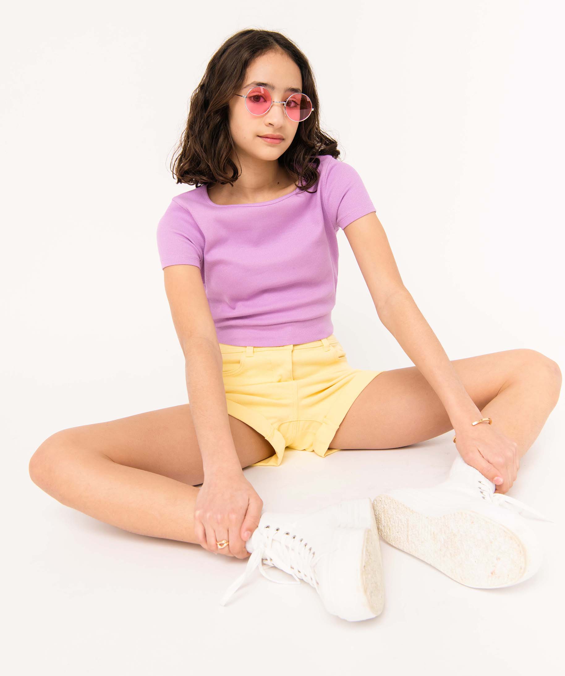 Short fille en toile denim avec revers jaune | GEMO