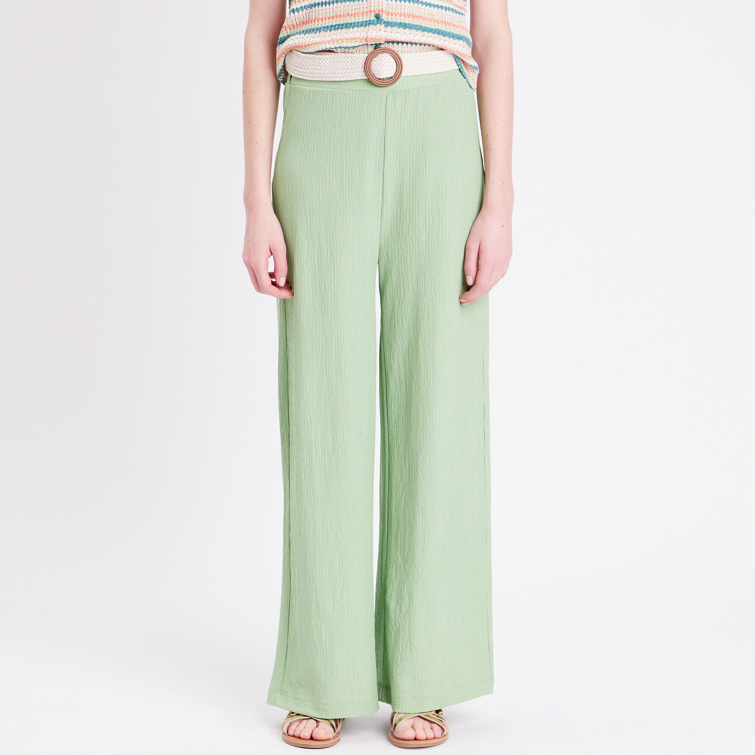 Pantalon large ceinturé vert clair femme | Cache Cache