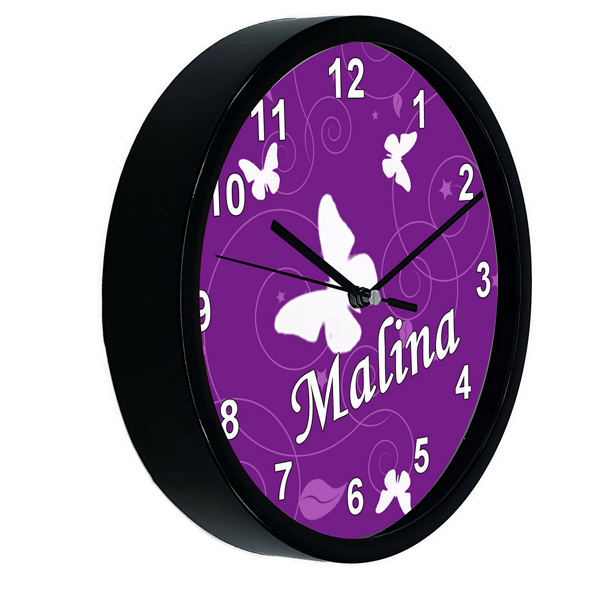 Kinder Wanduhr laufruhig personalisiert mit Name Schmetterling Lila