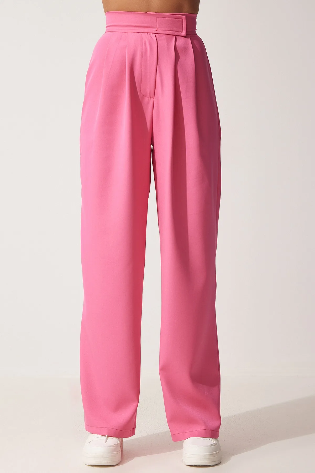 Happiness İstanbul  Rosafarbene Damen-Hose mit Klettverschluss und lockerer Taille YL00001