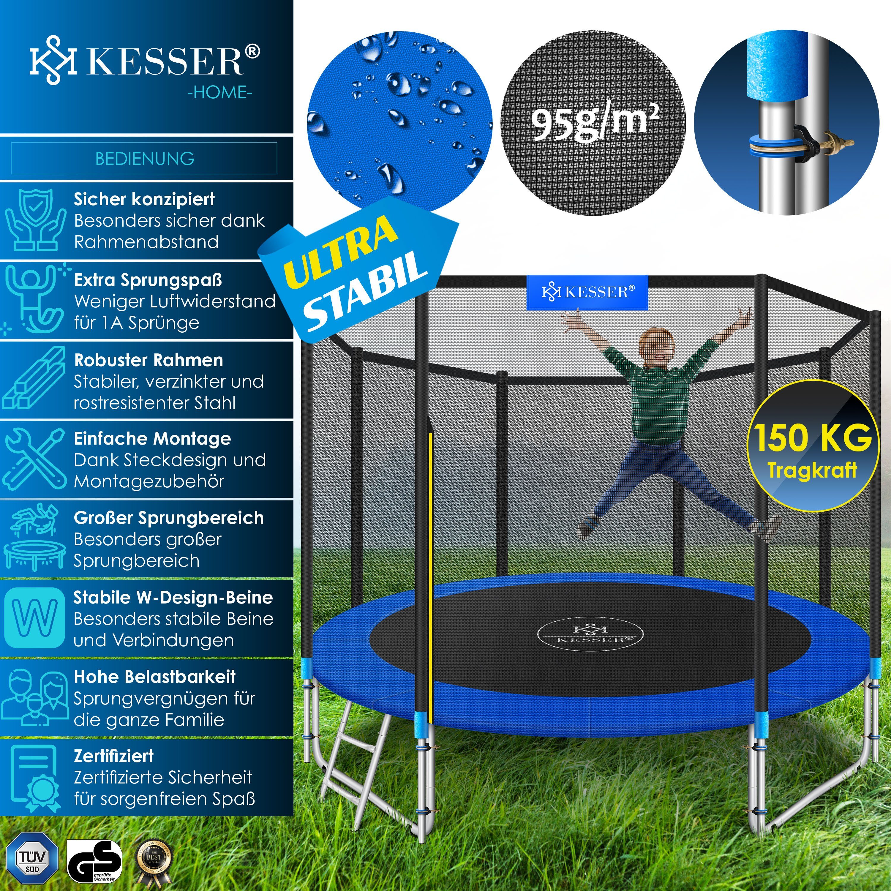 KESSER Gartentrampolin, Trampolin TÜV SÜD GS Zertifiziert Komplettset Sicherheitsnetz
