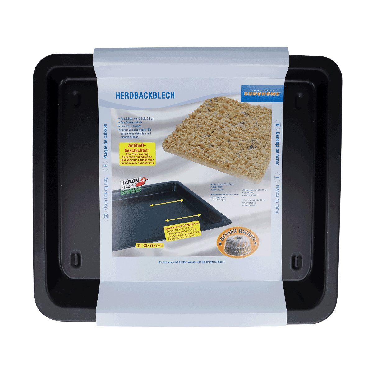 EUROHOME Backblech ausziehbar mit Auskühlnoppen Antihaftbeschichtung, Schwarzblech, (Ausziehbares Blech von 33 bis 52 cm), Ofenblech aus Schwarzblech - Backblech antihaft