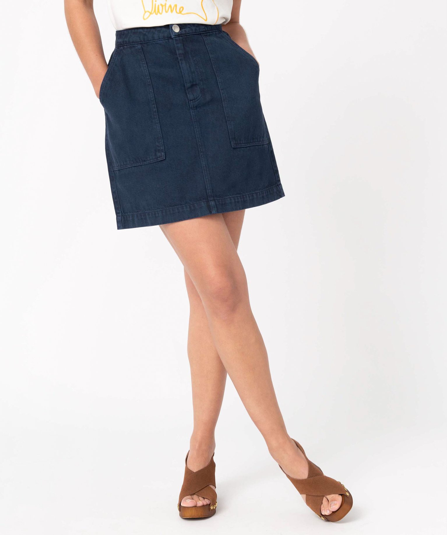 Jupe femme en toile de coton avec poches plaquées  marine | GEMO