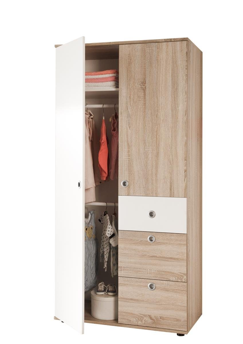 möbelando Drehtürenschrank Floris Moderner Kinder-Kleiderschrank aus Spanplatte in Sonoma-Eiche Nachbildung, Absetzungen in Weiß mit 3 Schubkästen und 2 Türen dahinter 2 Kleiderstangen und 3 Einlegeböden. Breite 90 cm, Höhe 191 cm, Tiefe 53 cm