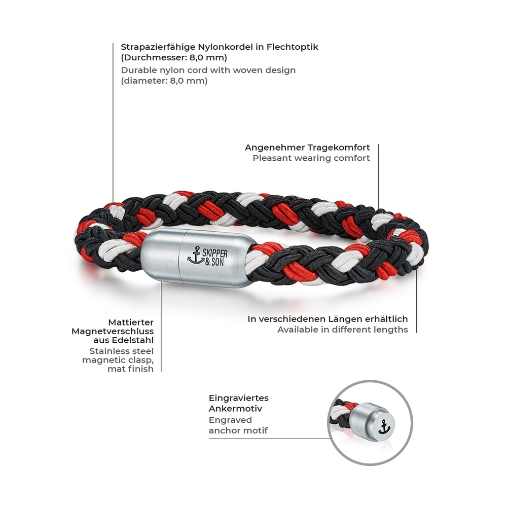 Skipper & Son Bracelet en acier inoxydable Nylon en Rouge Bracelet