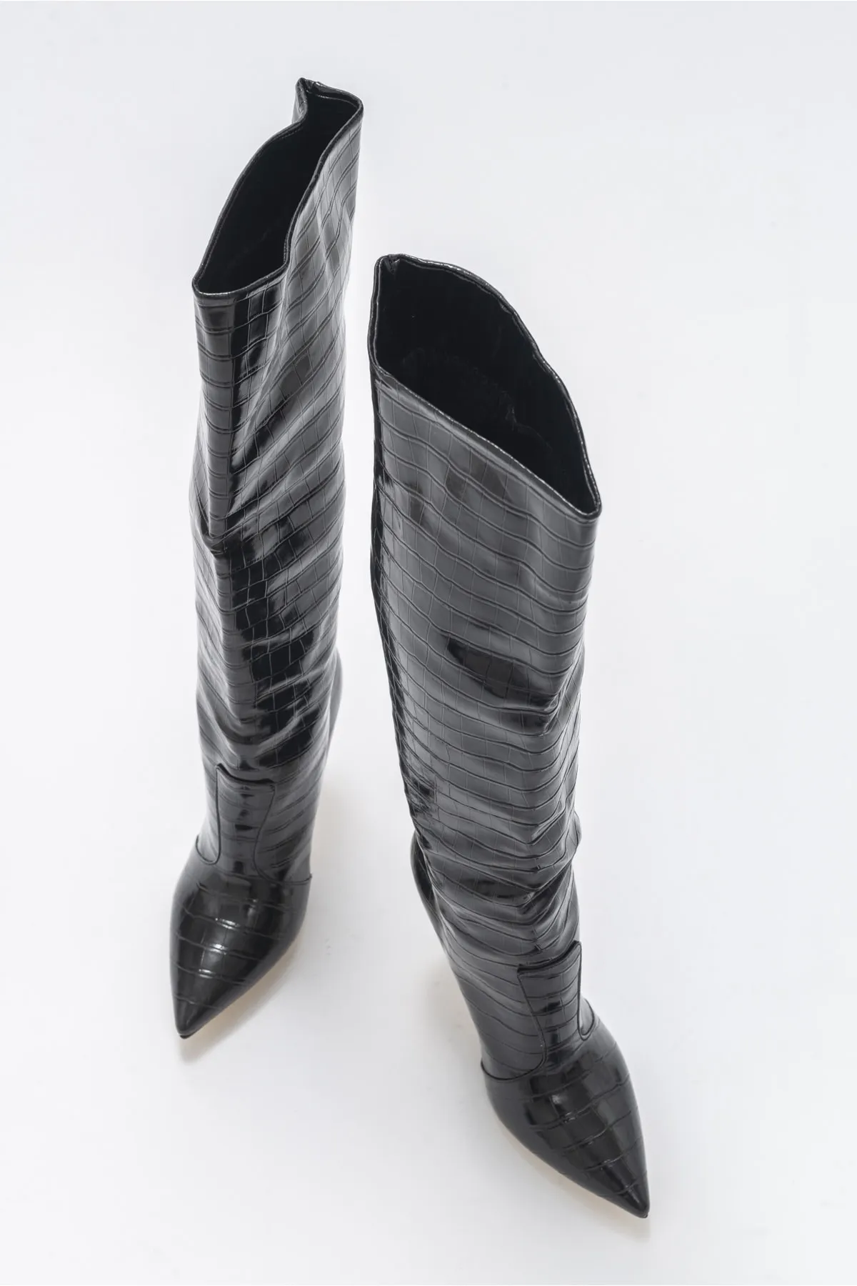 LuviShoes  Marineblaue, schwarz bedruckte Damenstiefel mit Absatz
