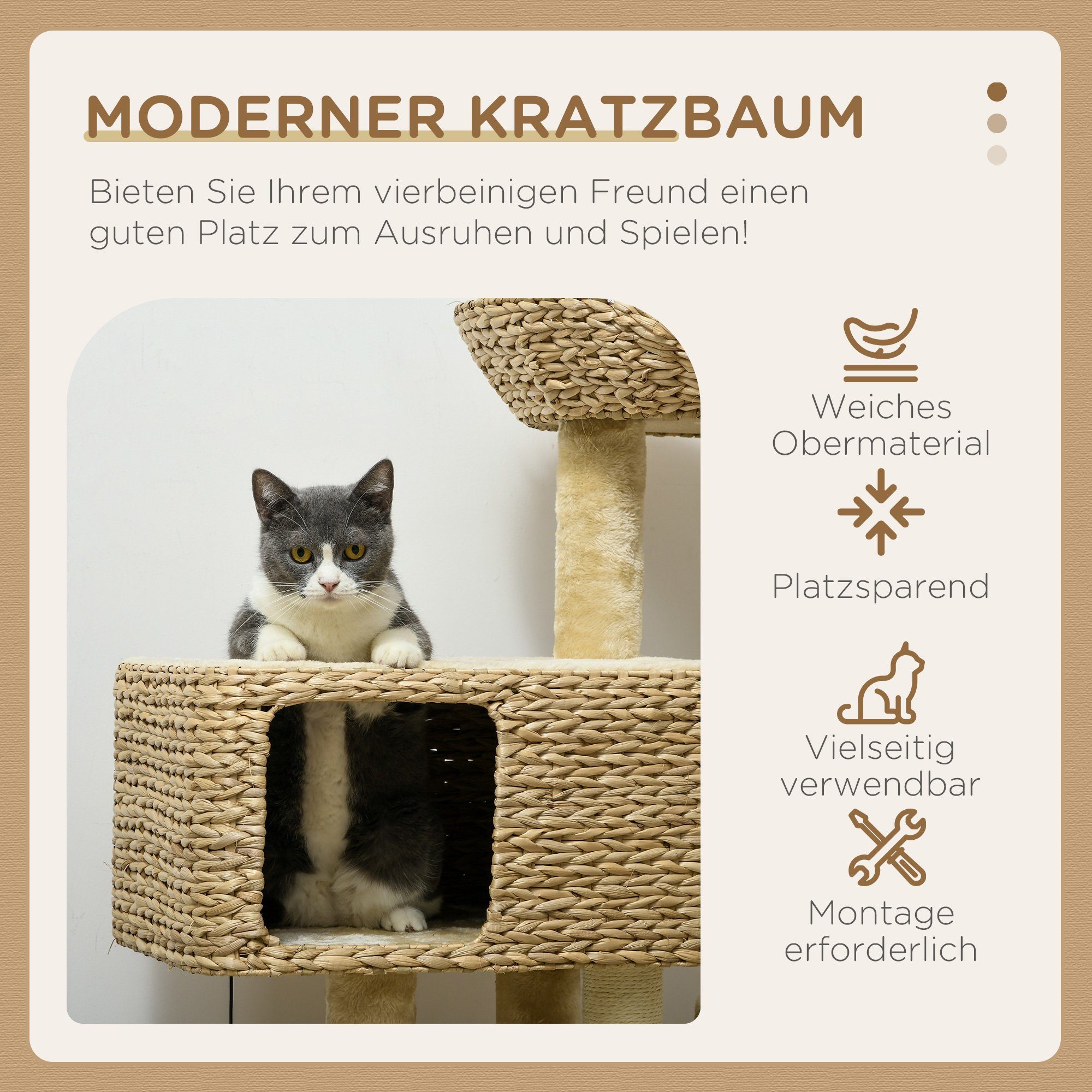PawHut Kratzbaum Katzenbaum mit 2 Leigefläche Katzenmöbel Wasserhyazinthe, Sisal, Beige, 60L x 40B x 98H cm