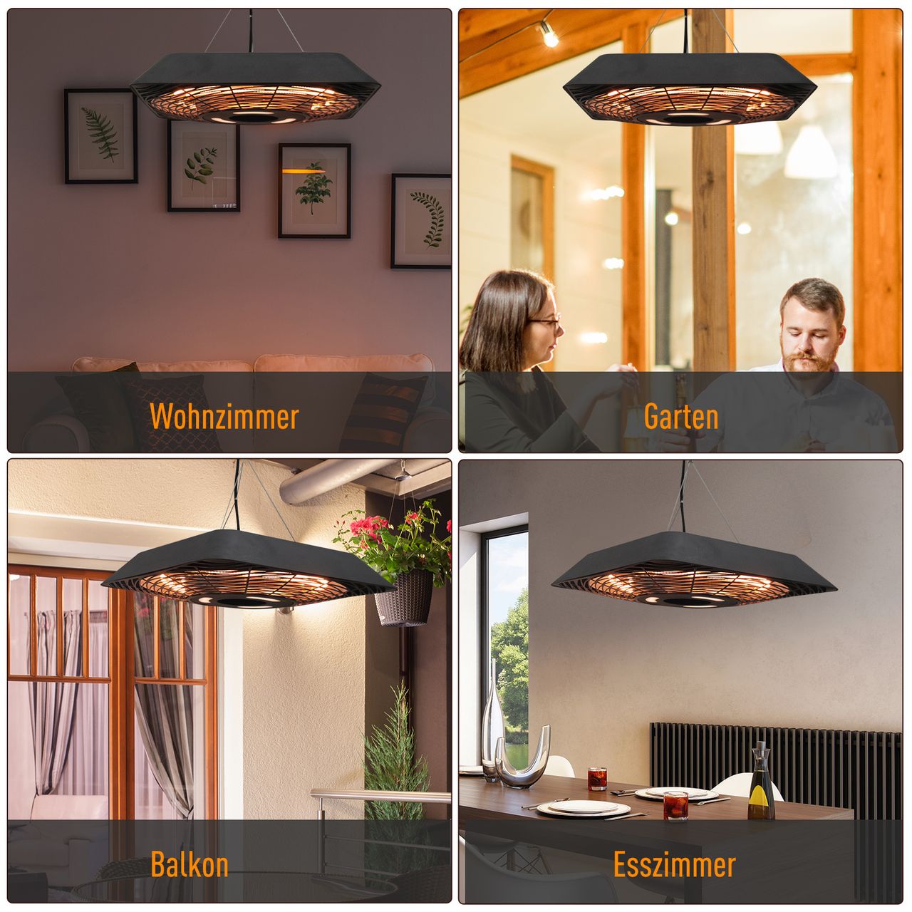 Outsunny Deckenheizstrahler 800W/1200W/2000W 5 Modi Heizstrahler IP45 Elektro Heizpilz mit Fernbedienung LED-Licht Alu Glas