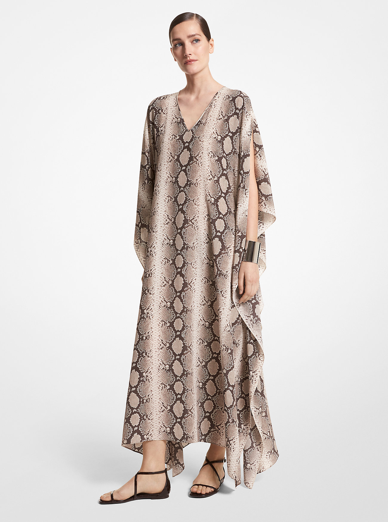 Sukienka kaftanowa z organicznego jedwabiu Python - TAUPE MULTI