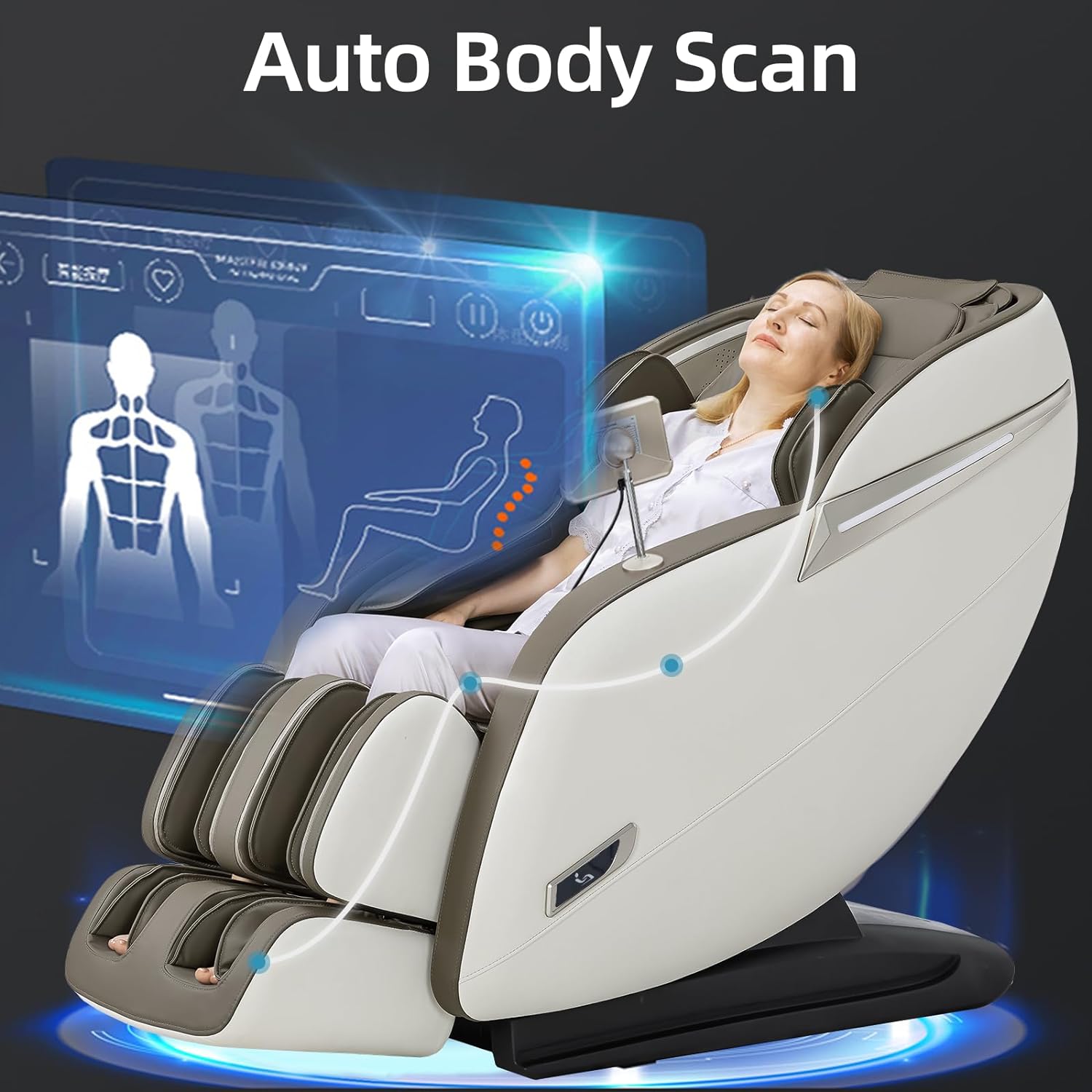 MassaMAX 2024 Full Body Massage Chair, Zero Gravity Recliner with Yoga Stretch, SL Track, Airbags, Heating, Touch Screen, and Foot Massage (MD906-Beige)