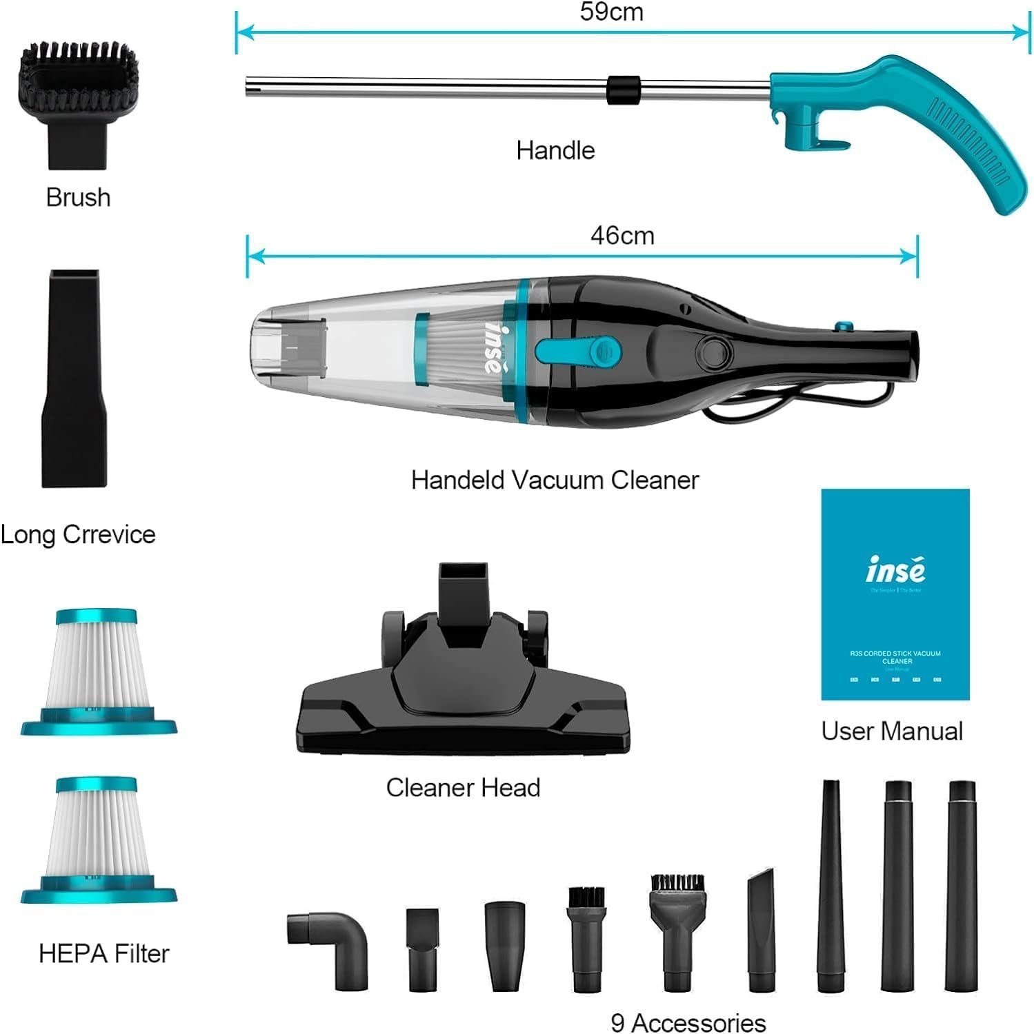 INSE Hand-und Stielstaubsauger RS3, 16Kpa stark Saugkraft 2in1 Stielstaubsauger