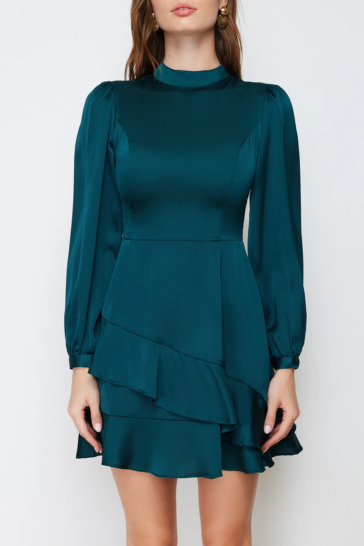 Trendyol Collection  Smaragdgrünes A-Linien-Rock-Volant-Satin-Webkleid TWOAW21EL1891