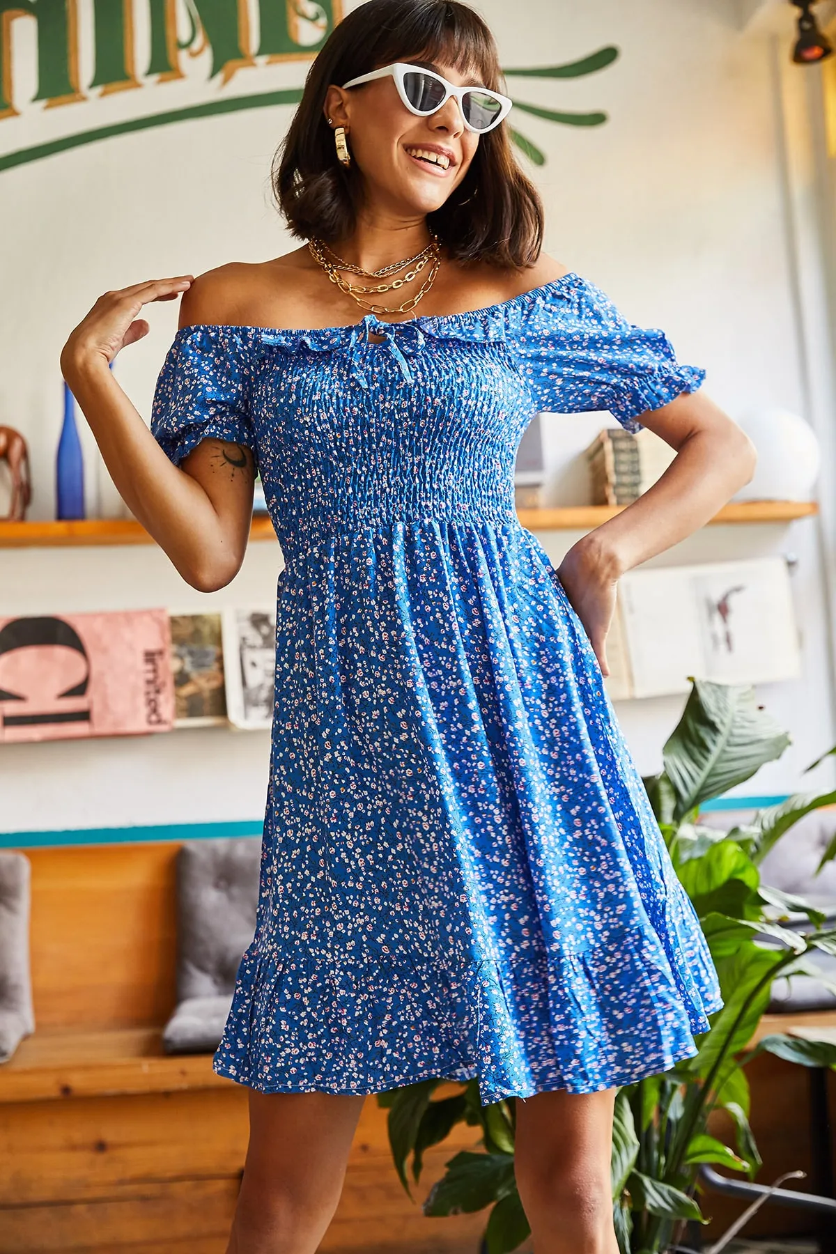 Olalook  Saks Blue Gimped Collar Tie-up Flared Dress für Damen ELB-19001190