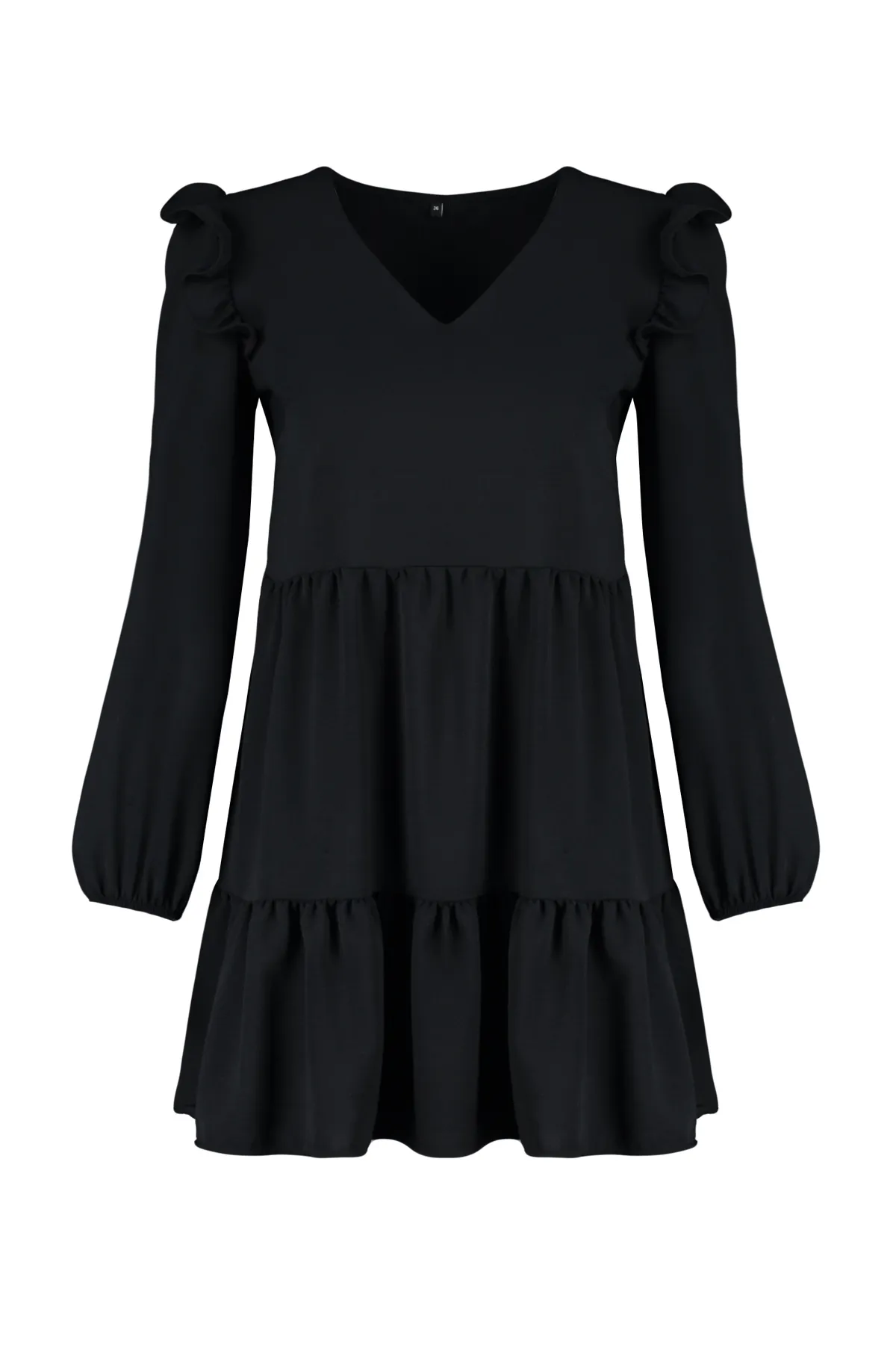 Trendyol Collection  Schwarzes, gerade geschnittenes Mini-Webkleid mit gerafften Rüschen und Details TWOAW22EL0762