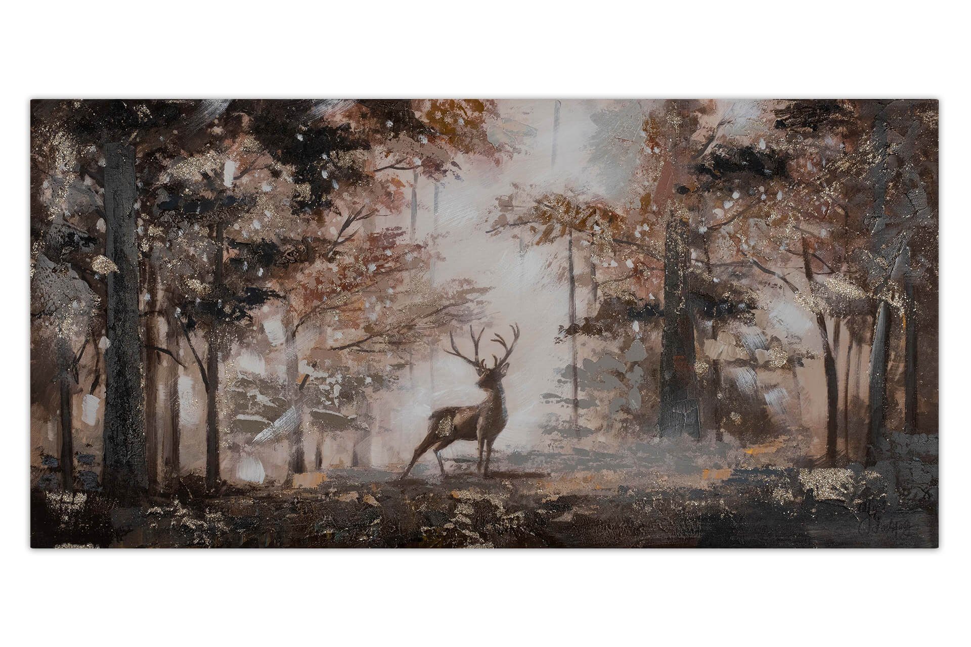 KUNSTLOFT Gemälde Stag in the Brume 120x60 cm, Leinwandbild 100% HANDGEMALT Wandbild Wohnzimmer
