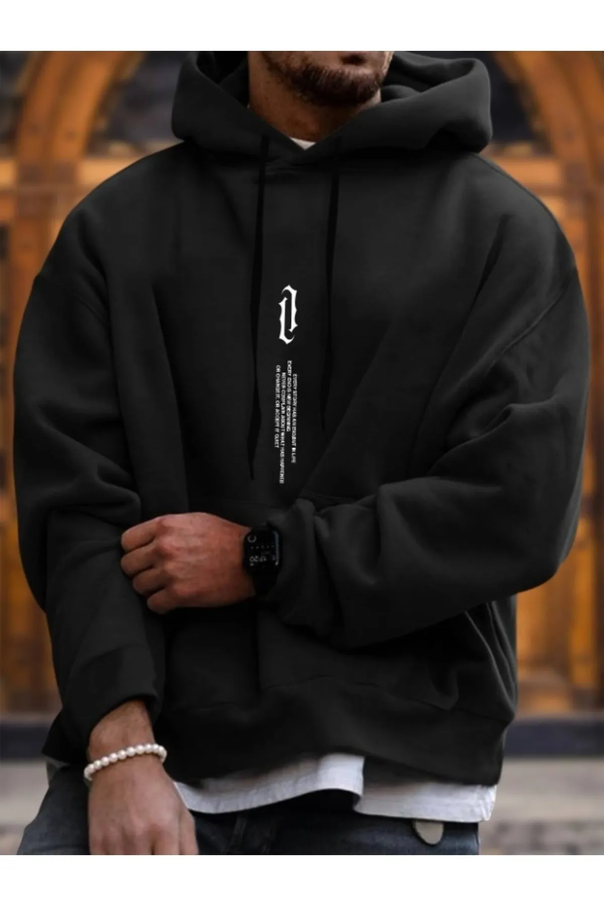 MOONBULL  Übergroßes schwarzes Kapuzensweatshirt mit vertikalem Aufdruck