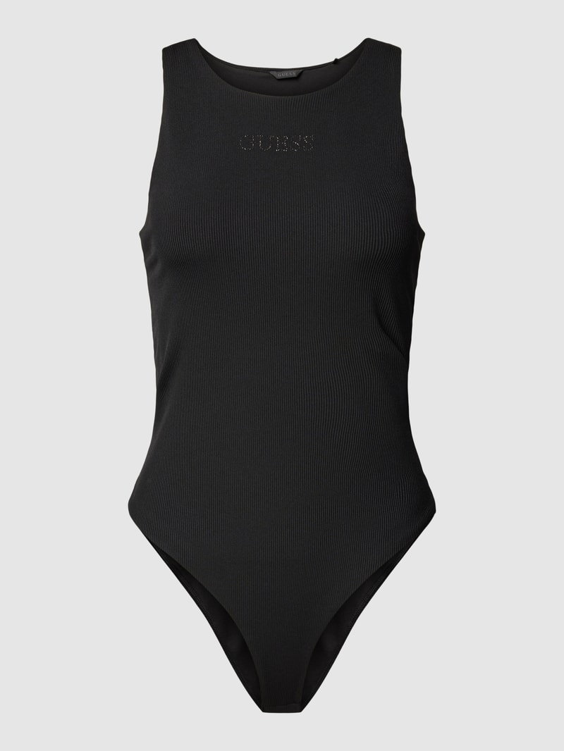 Body mit Label-Print aus Strasssteinbesatz Modell 'GUENDALINA' in schwarz